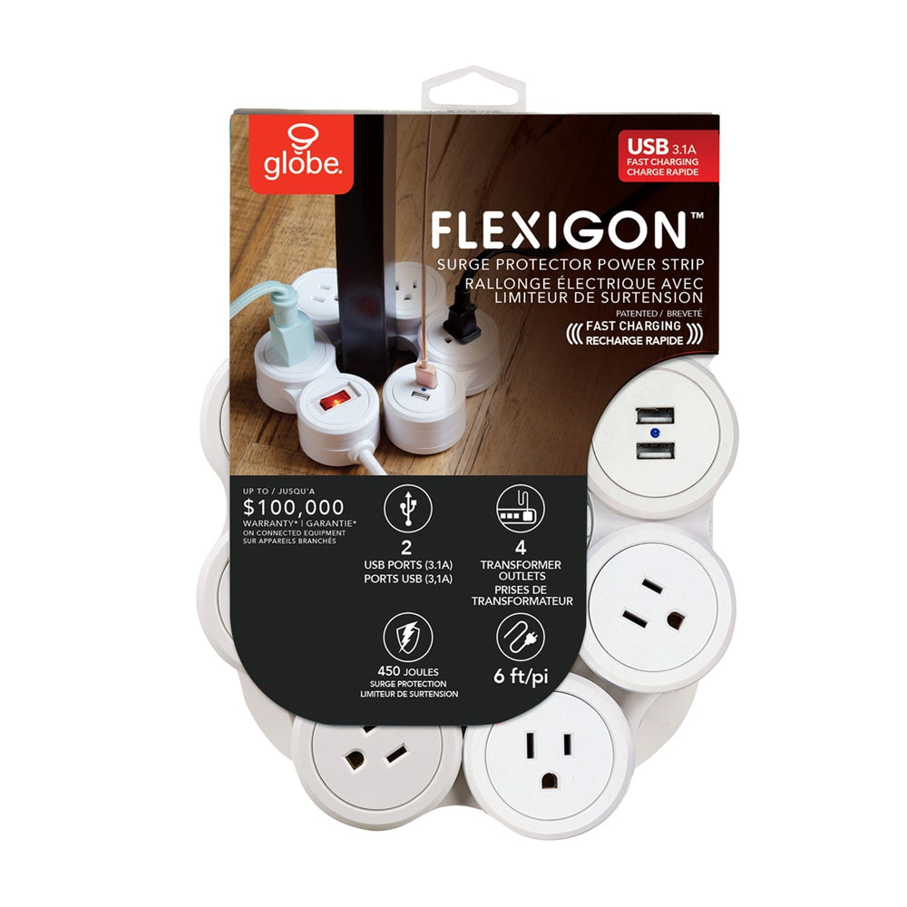 Multiprise Flexigon 4 prises + deux ports USB 3.1A, protection 450 joules, cordon 6pi